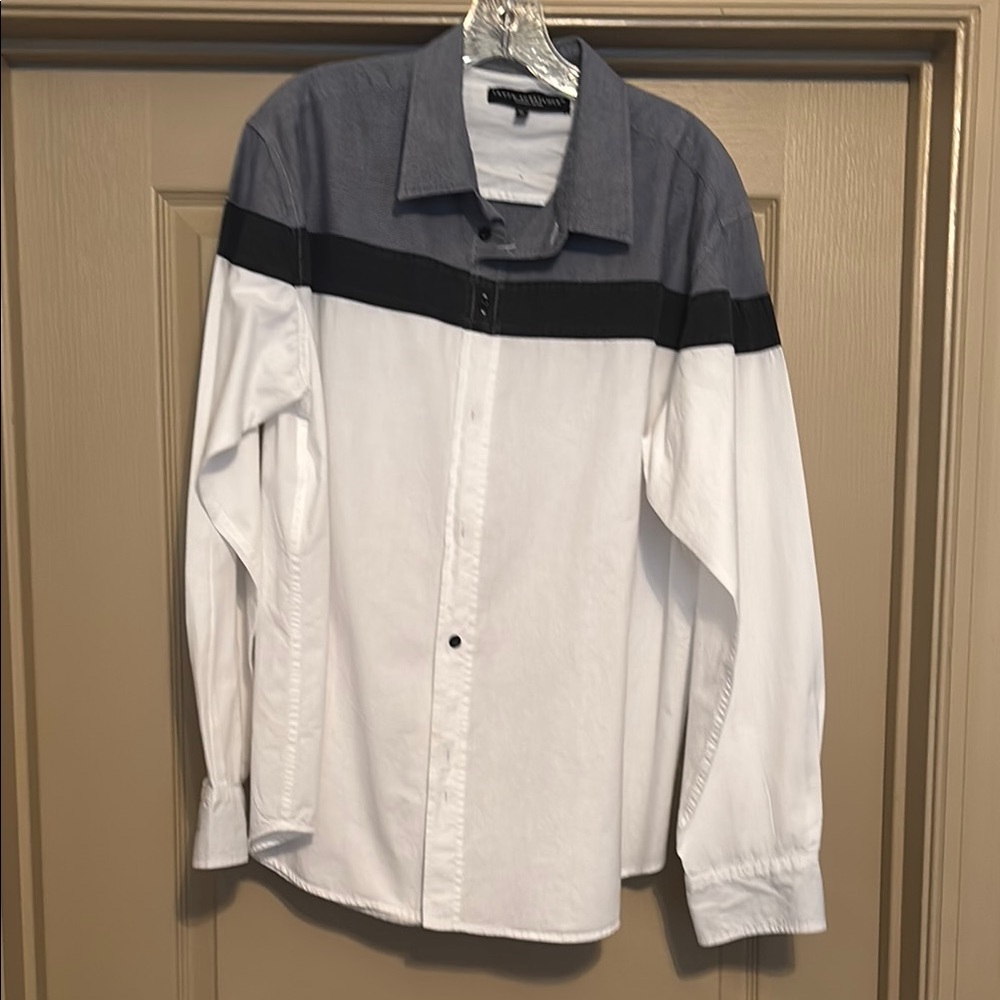 White and Gray Color-Block Casual Button Down Shirt